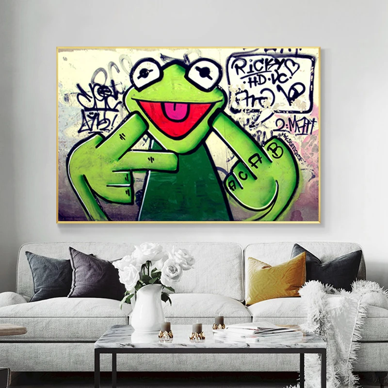 Ulica Grafiti Umetnost Žaba Kermit Prst Oljna slika na Platnu Plakatov in Fotografij Wall Art Slik, Dnevna Soba Dekor Cuadros