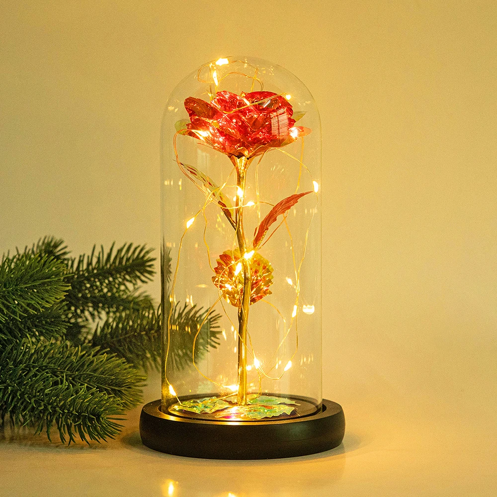Umetni Večno Rose LED Luči Lepoto Zver V Kozarec Zlata Folija Cvet Valentinovo Darilo Začaran Rose Pravljice Luči