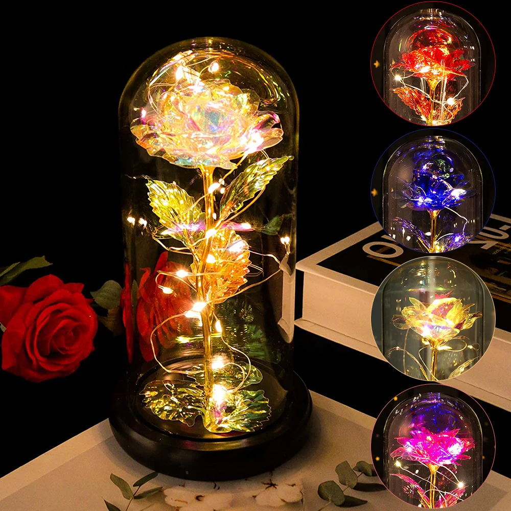 Umetni Večno Rose LED Luči Lepoto Zver V Kozarec Zlata Folija Cvet Valentinovo Darilo Začaran Rose Pravljice Luči