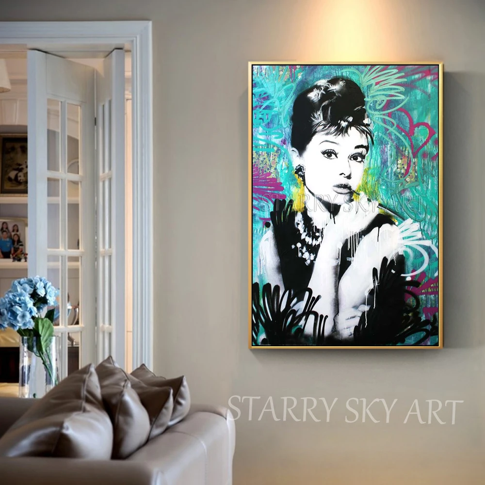 Umetnik Ročno poslikano Visoke Kakovosti Audrey Hepburn Slika Oljna slika na Platnu Angliji Super Star Audrey Hepburn Oljno sliko