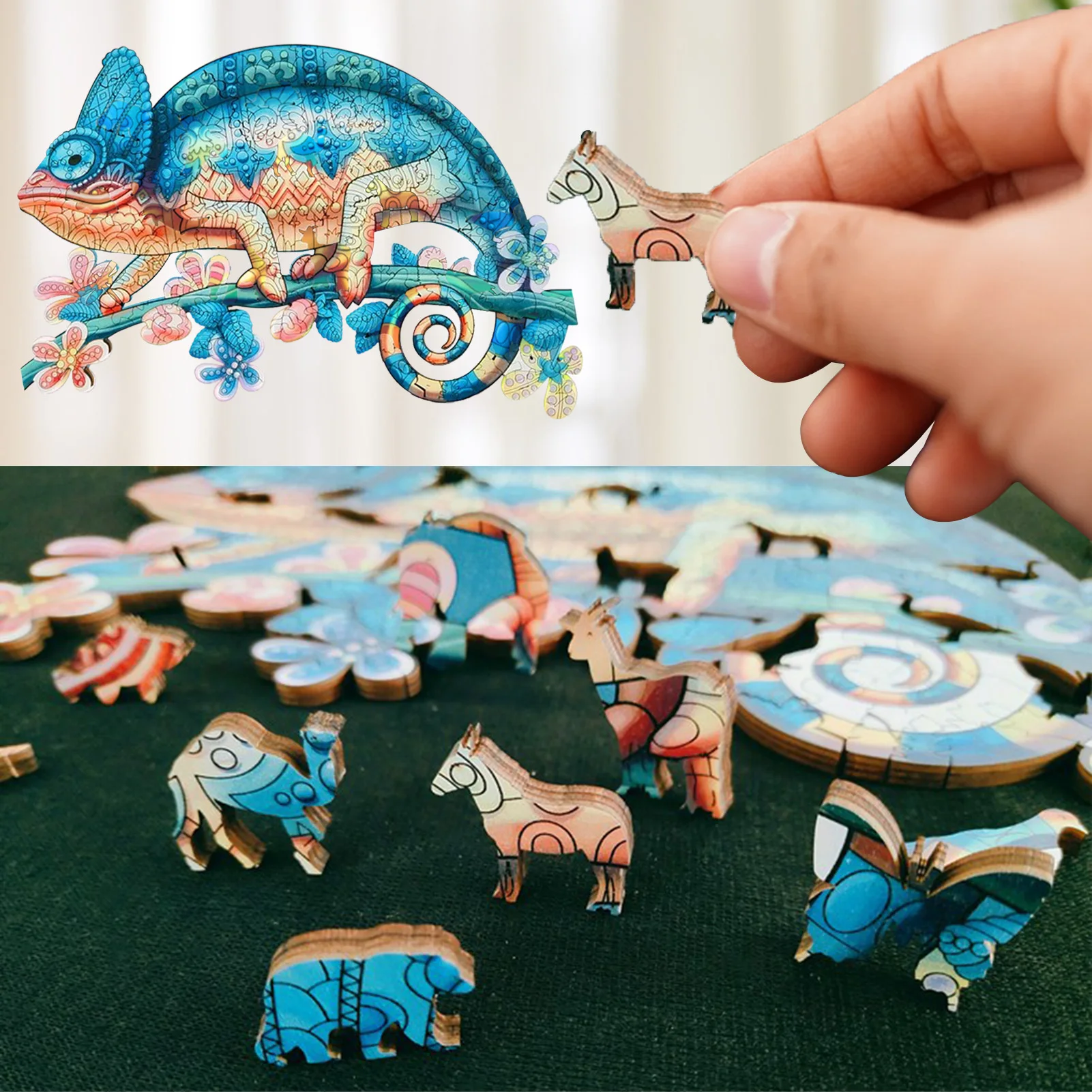 Unikatne Lesene animal Jigsaw Uganke Skrivnostno Kameleon Puzzle Darilo Odrasle, Otroški Izobraževalni Čudovito Darilo Interaktivne Igre Igrača