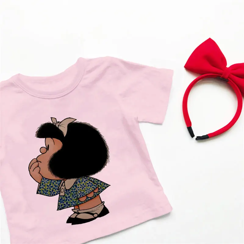 Unisex Modi Kawaii Dekle T-shirt Anime Mafalda Tiskanje Risanka Otroci Vrhovi Poletje Fant Dekleta T Shirt Priložnostne Posadke Vratu Fantje Majica