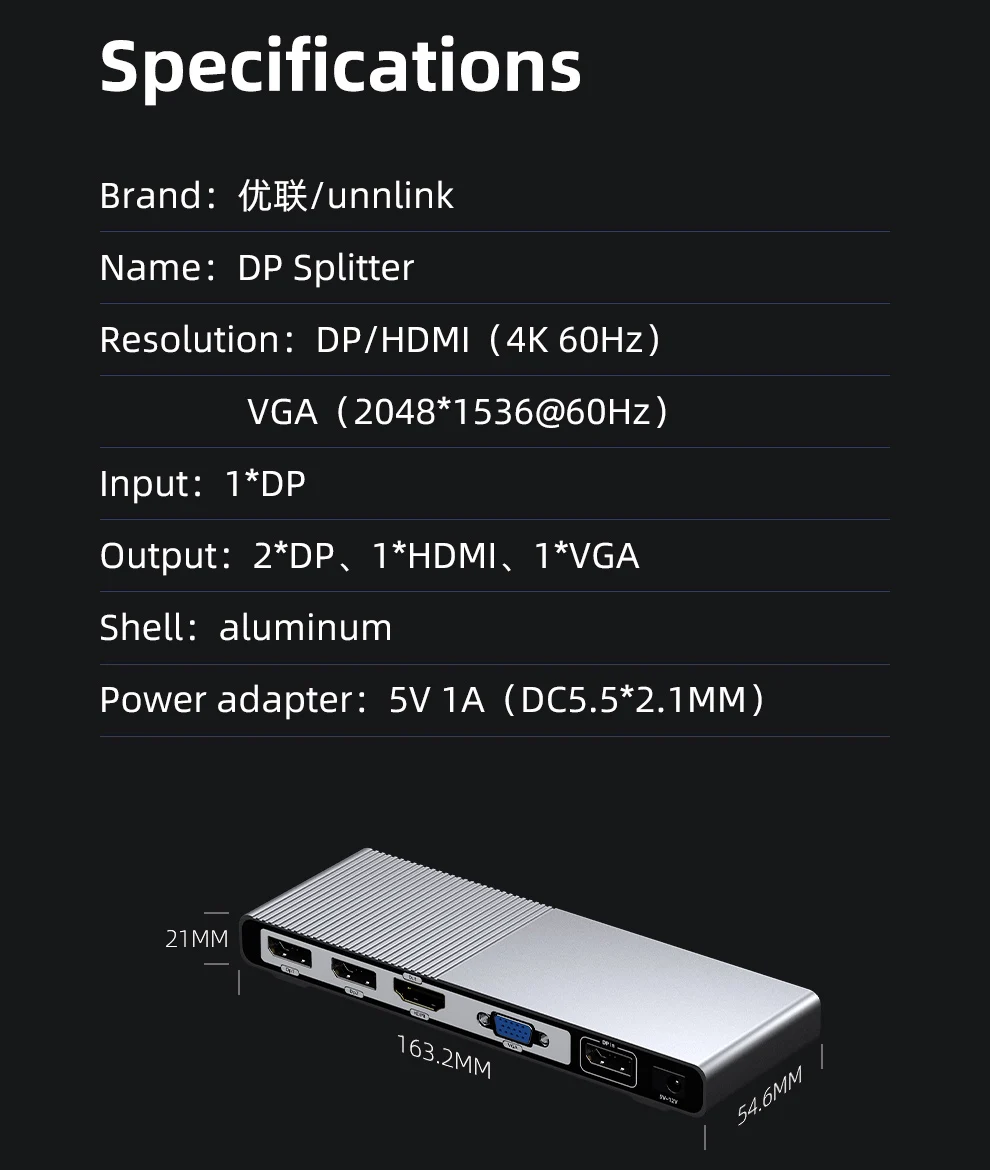 Unnlink DisplayPort 1.4 za HDMI VGA DP MST Hub 4K60Hz 1x4 Splitter DP za HDMI Podaljša Ogledalo Video Steno za prenosne računalnike Kos