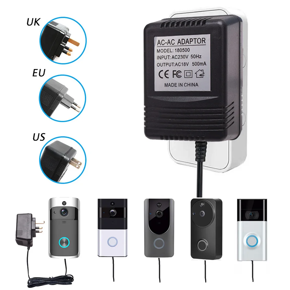 US UK EU Plug 18V AC Pretvornik Polnilec za Wifi Brezžični Zvonec Fotoaparat za izmenični Tok IP Video Interkom Obroč 110V-240V