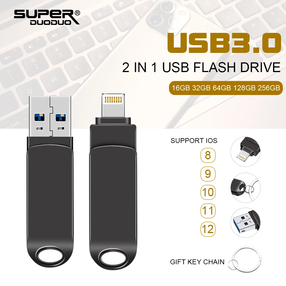 USB Flash Disk 128GB Pen Drive za iPhone X/XR/XS/ 8/7/6/iPad 32GB 64GB 256GB OTG Pendrive USB 3.0 Pomnilniški ključ za ios