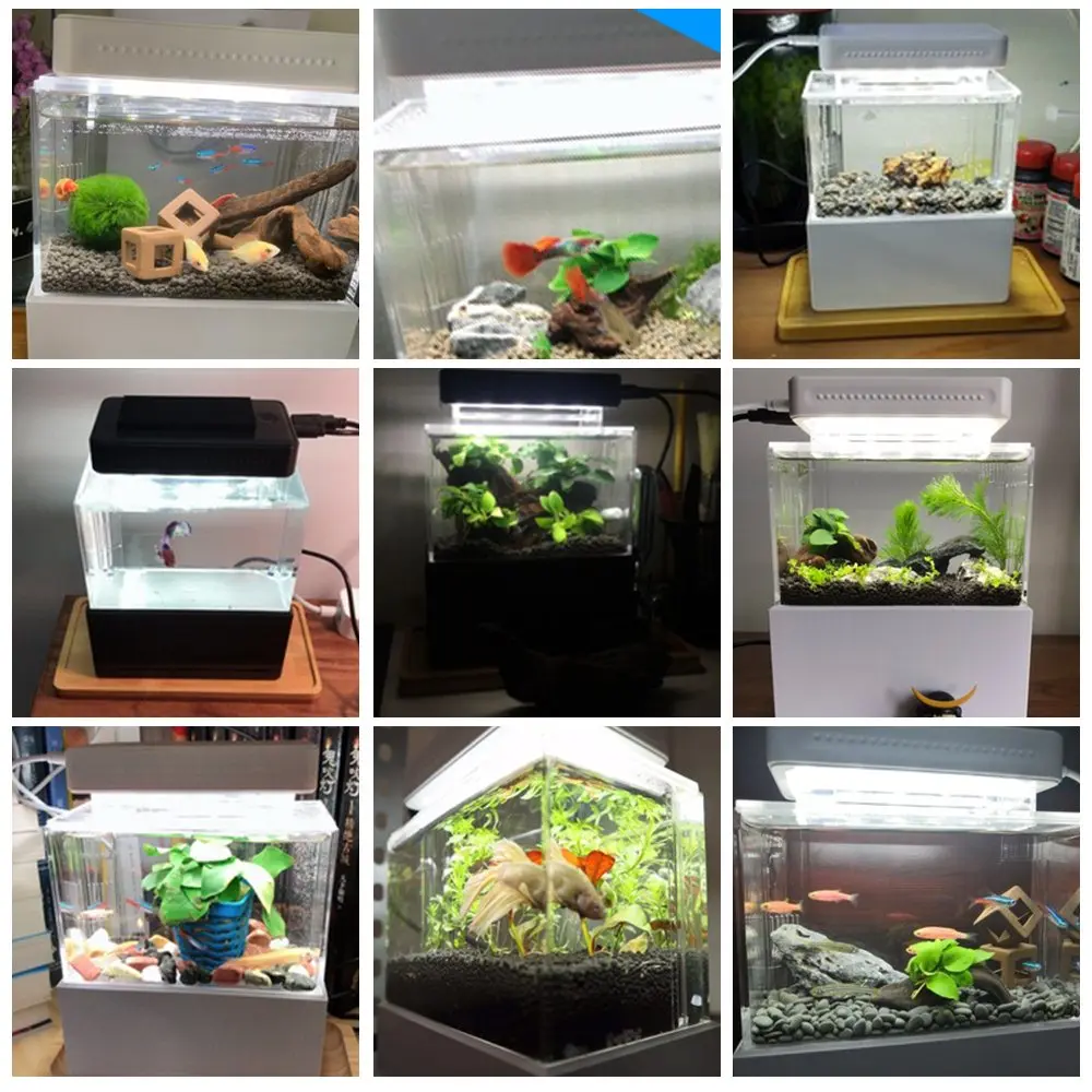 USB Mini Akvarij Betta Fish Tank Z LED Luči Črpalka Zrak Voda Fliter Morskih Aquaponic Fish Tank Prenosni Office Home Decoratio