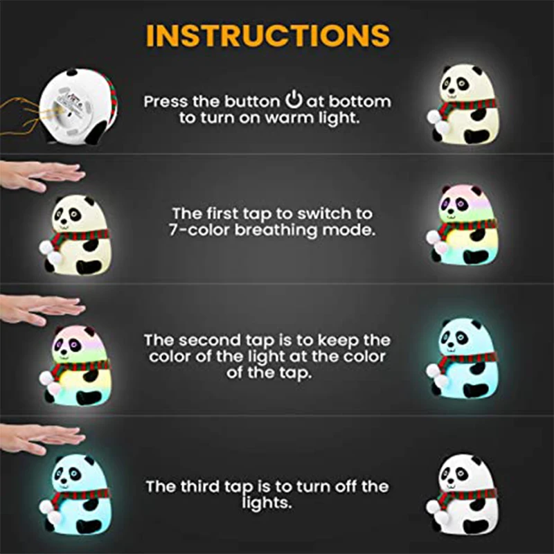USB Polnilne Panda Noč Luč za Spalnice z Dotikom Senzorja 7 Barve, Mehka Silikonska Nastavljiv Otroška Nočna Lučka za Otroke