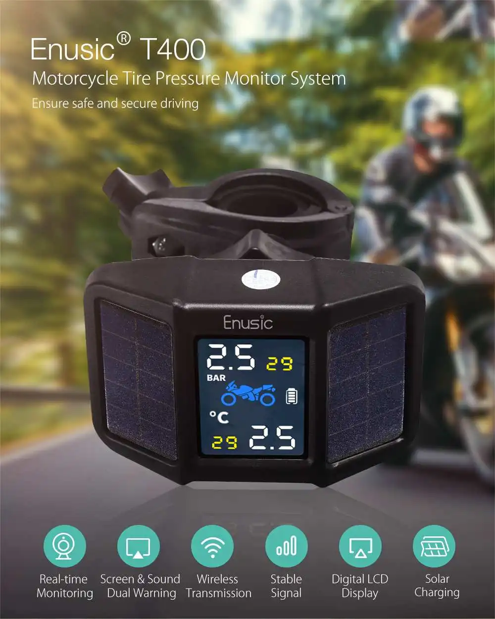 USB Sončne Nepremočljiva TPMS Motocikel Realnem Času Tlaka v Pnevmatikah Alarmni Sistem Spremljanja Brezžični LCD-Zaslon 2Pcs Zunanji Senzor