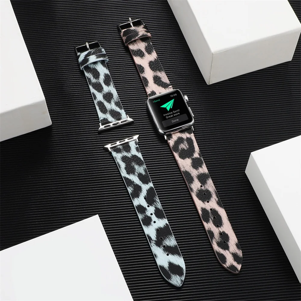 Usnje pasu Za Apple ura 3 band 38 mm 42mm leopard tiskanja Zapestnica Za iwatch serije 6 5 4 3 2 1 42mm 44 watch trak
