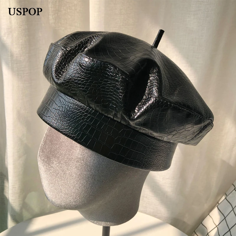 USPOP Nov vzorec Krokodil baretka ženske PU berets ženski zimski črn klobuk Mode PU klobuki