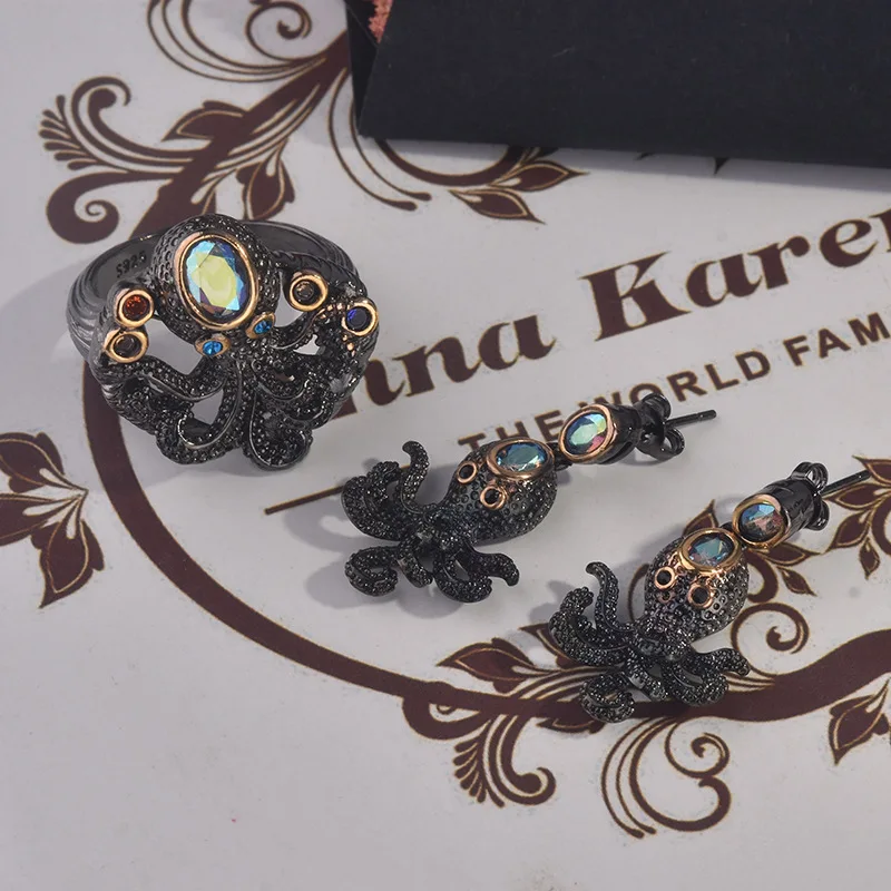 Ustvarjalne retro črno zlato, hobotnice, lignji krog geometrični nakit ženske angažiranosti poročni prstan uhani set
