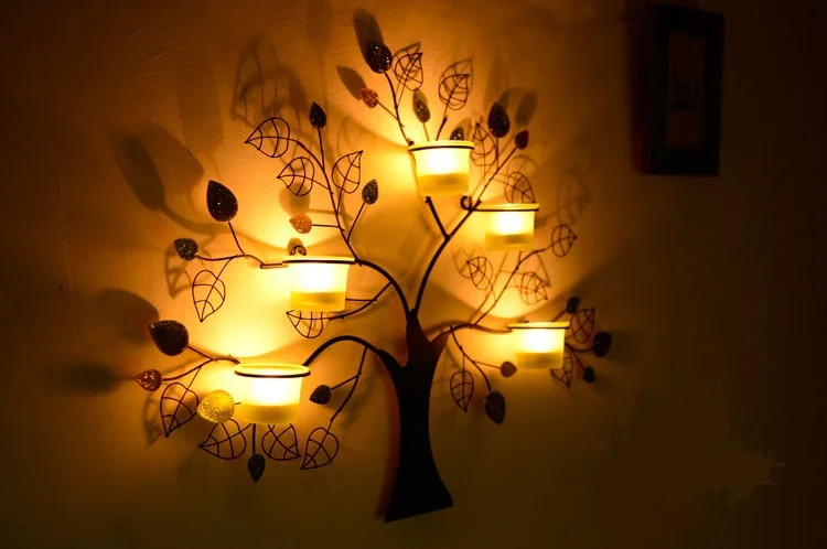 Ustvarjalne Ročno Železa Umetnosti Drevo Obliko Svijećnjak Dekorativne Stenske Stekla Veter Lučka Craftworks Okraskov Dodatki