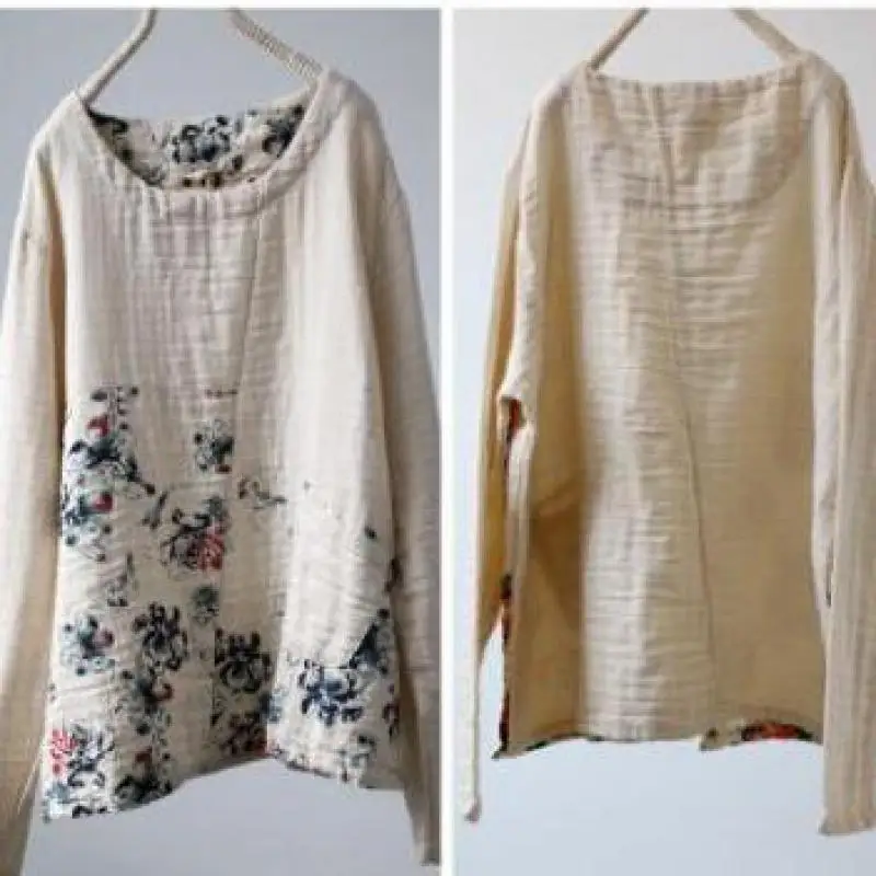 USWMIE 2020 Pomlad Umetnosti Bombaž Priložnostne Preprost Svoboden Cvetlični Bluzo O-vratu Žepi Long Sleeve Solid Color Plus Velikost Ženske Oblačila