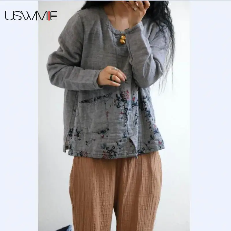 USWMIE 2020 Pomlad Umetnosti Bombaž Priložnostne Preprost Svoboden Cvetlični Bluzo O-vratu Žepi Long Sleeve Solid Color Plus Velikost Ženske Oblačila