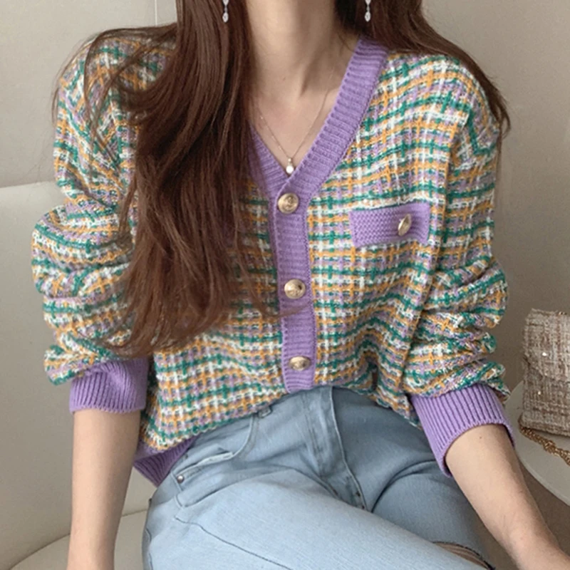 V korejskem Slogu Chic Vintage Multi-Barvni Kariran Proti-vrat Enotni-Zapenjanje Svoboden Dolgo Sleeved, Pletene Cardigan topel Pulover Plašč Ženske