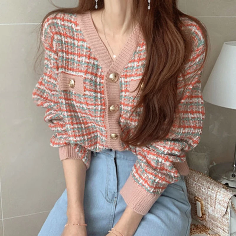V korejskem Slogu Chic Vintage Multi-Barvni Kariran Proti-vrat Enotni-Zapenjanje Svoboden Dolgo Sleeved, Pletene Cardigan topel Pulover Plašč Ženske