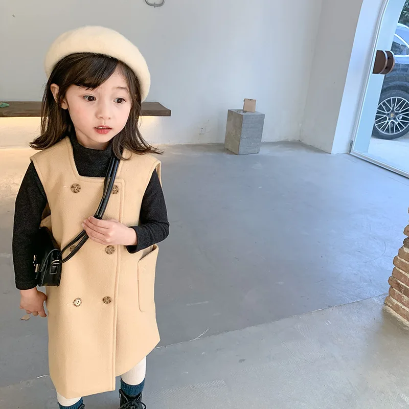 V korejskem Slogu Dekle Volnene Brezrokavnik Obleka Otroka Dvojno zapenjanje Brezrokavnik Obleka Moda za Dekleta, Nov Slog za Jeseni, Pozimi Otroci Oblačila
