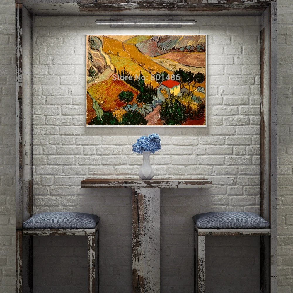 Van Gogh Pokrajina s Hišo in Ploughman Wall Art Giclee Platno, Tisk Slikarstvo za Dnevna Soba Stenski Dekor Doma Dekor Dropship