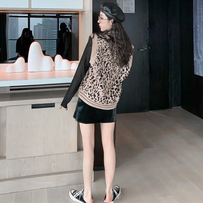 Vangull Leopard Pulover Pleten Brezrokavnik Ženske Priložnostne Letnik korejskem slogu Pulover Mehko brez Rokavov Proti-Vrat 2020 Pomlad Jesen Telovnik