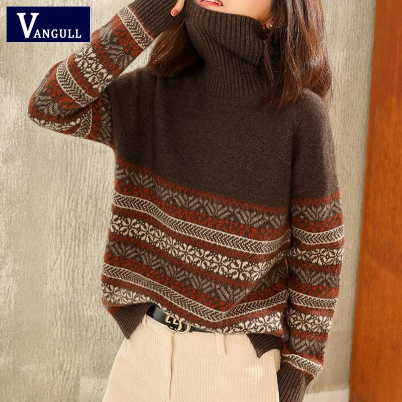 Vangull Pozimi novo Turtleneck kašmir pulover ženske, debel, kratek odstavek ohlapno pleteno dno rokavi velikosti puloverji