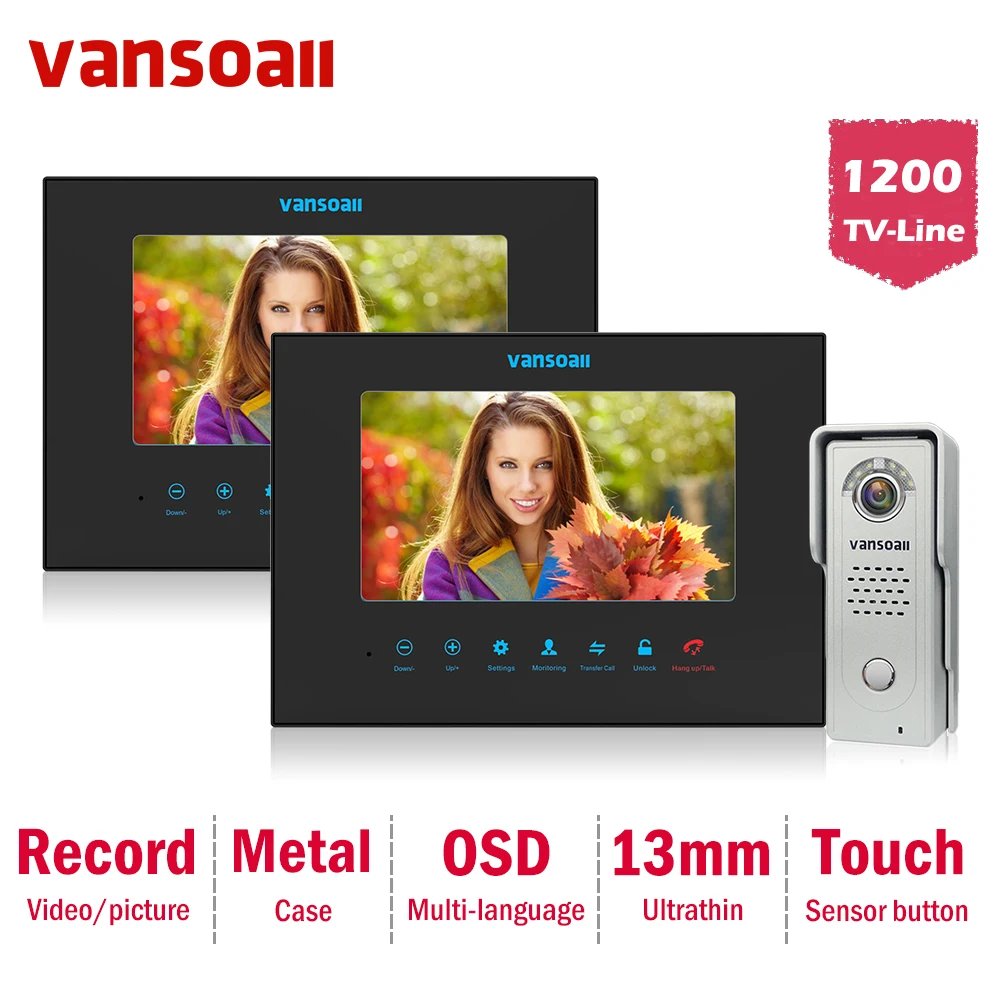 VANSOALL video interkom 7 palčni lcd video vrata bell kamere sd, Hands-free (Dva proti Ena prodor na oddaljene video vrata telefon