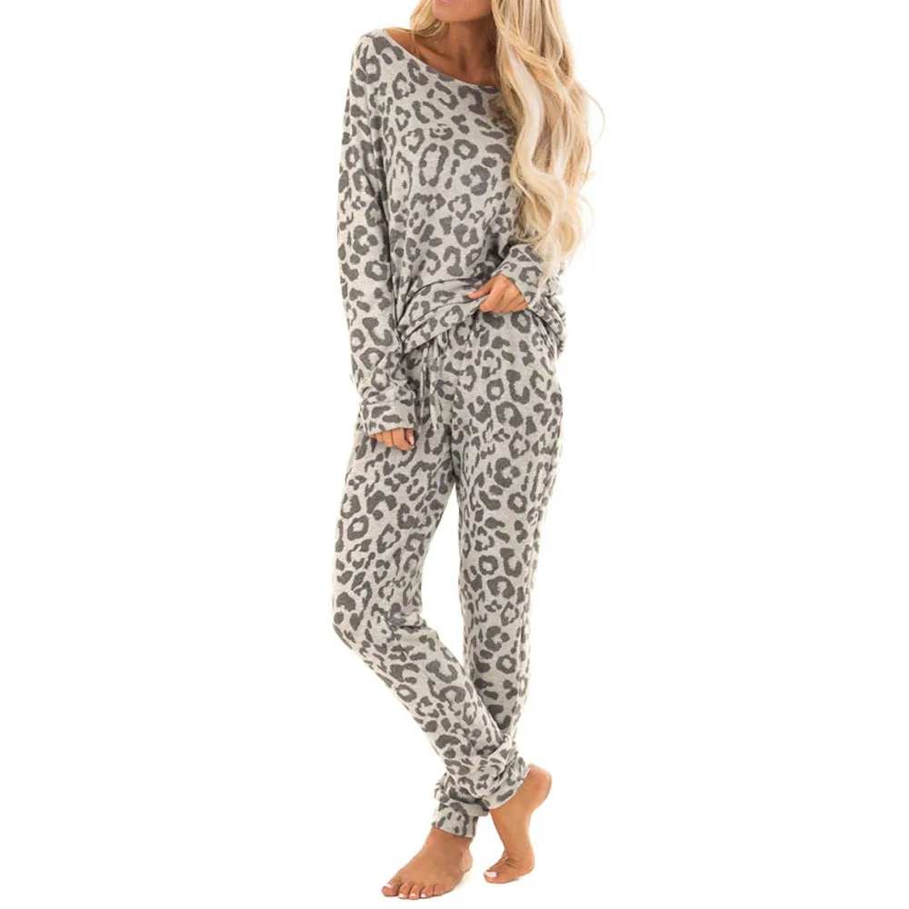 Vari Domače Obleko Leopard Natisnjeni Dolg Rokav Bluzo+Hlače Priložnostne Pižamo Ženske Trenirko Maskirno Obleko Dva-delni Set#1211