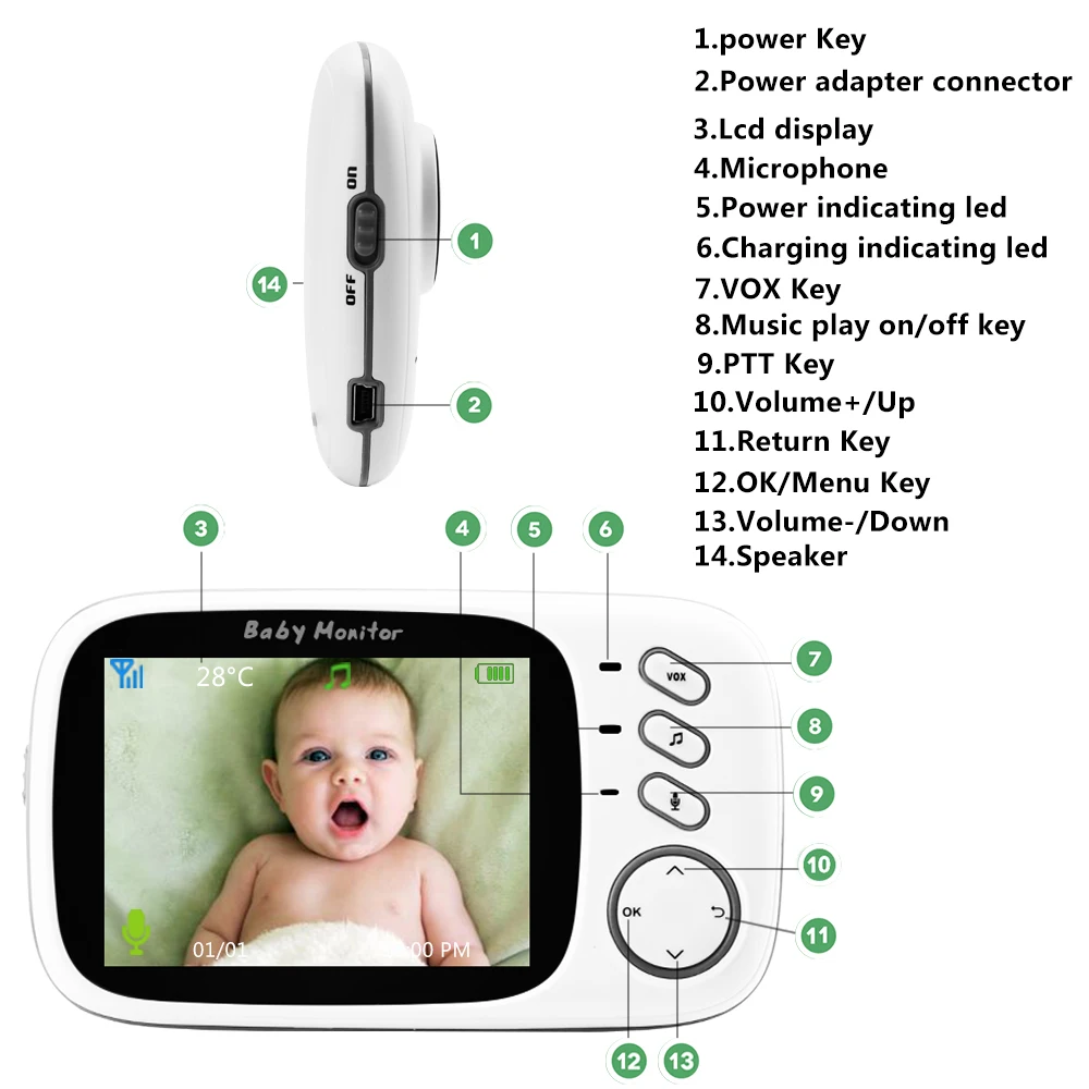 VB603 Brezžični Video Barve Baby Monitor s 3,2 Cm LCD 2 Način Avdio Govori Night Vision Nadzora Varnostne Kamere Varuška