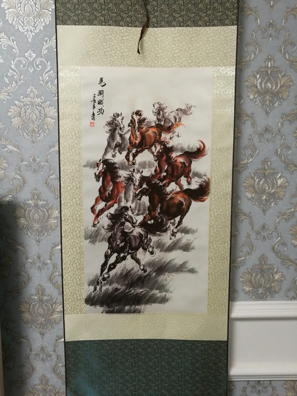 Veliki VRH DOBER Dom dnevna soba družabne STENO Dekorativno slikarstvo Uspeh 8 konj lovca FENG SHUI UMETNOSTI kitajske svile slikarstvo