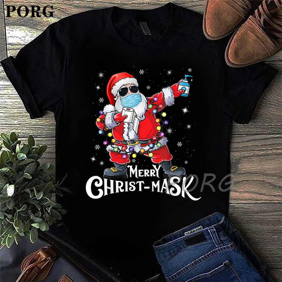 Vesel Božič Santa Dabbing Nosil Masko Smešno Darilo Unisex T-Shirt Letnik Punk Harajuku Črna Ženska Kratka sleeved