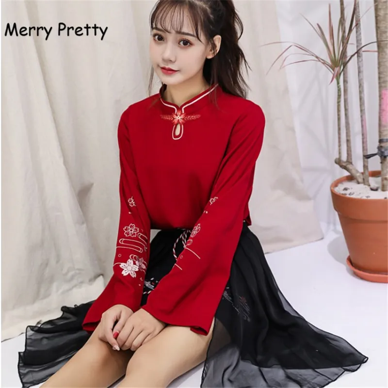 Vesel Lepo S-XL komplet 2 kosov ženske Kitajski slog vezenino dolg rokav rdečo bluzo in očesa krilo ženske oblačila sklop