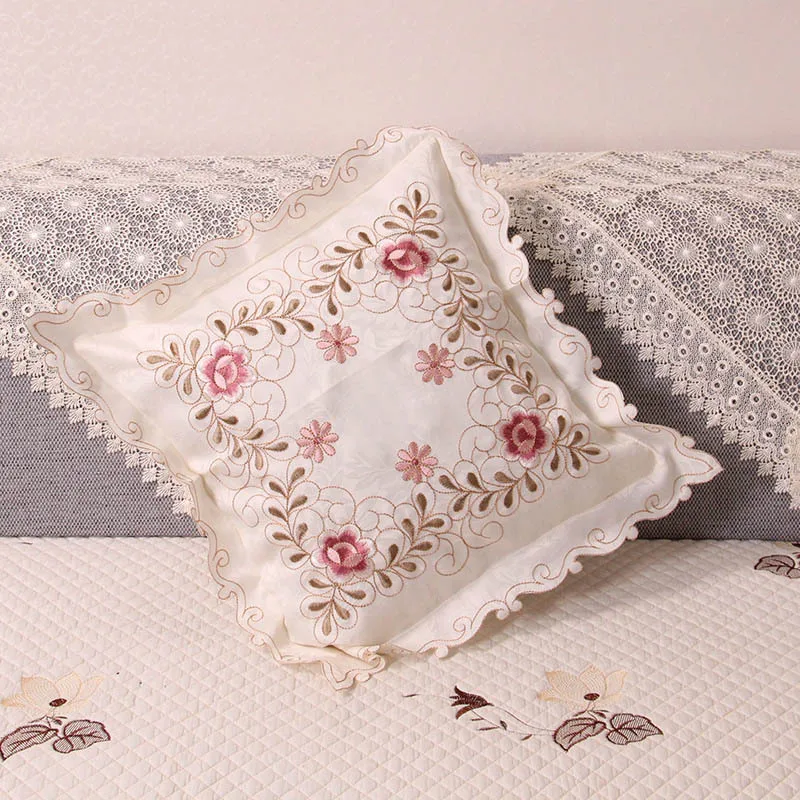 Vezene Dekorativni Pillowcases Cvetlični Zapnite Evropske Pastorala Slog Roza Bela Vrgel Blazino Zajema Doma Dekor