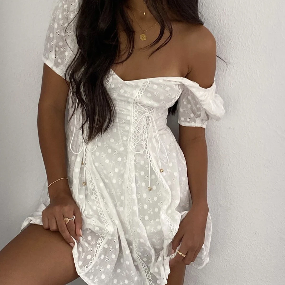 Vezenino Obleka ženske Povoj Križ Kratek Rokav Proti vratu Seksi Mini Obleka Vintage Bela Plaža Boho Obleke Vestidos