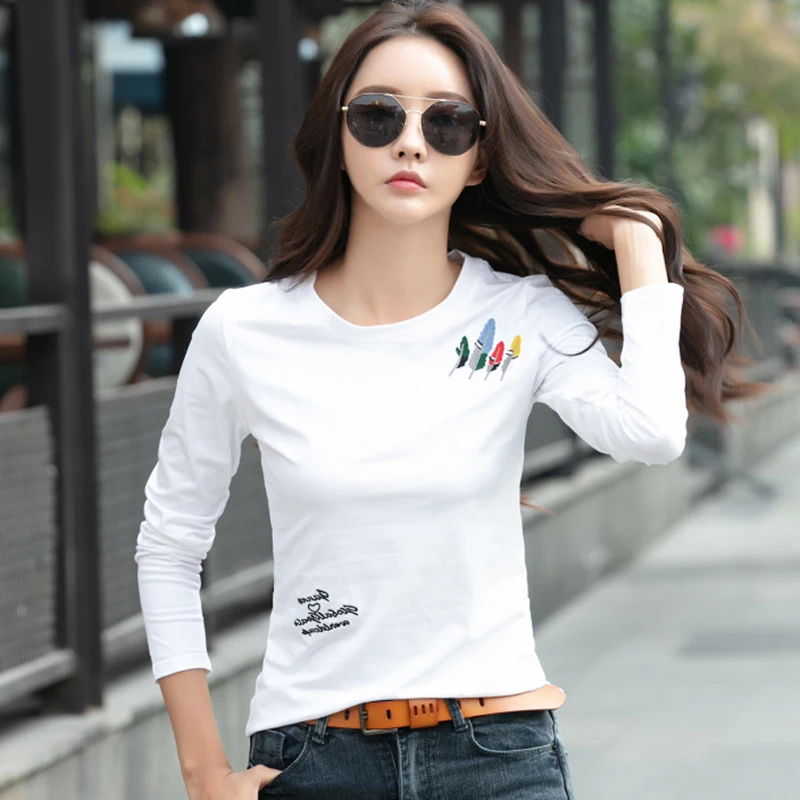 Vezenje Majica S Kratkimi Rokavi Ženske Dolg Rokav Novo Bombaž Slim Korejski Oblačila 2020 Jeseni Vrhovi T-Shirt Ženska Modi Tshirt Tee Shirt Femme