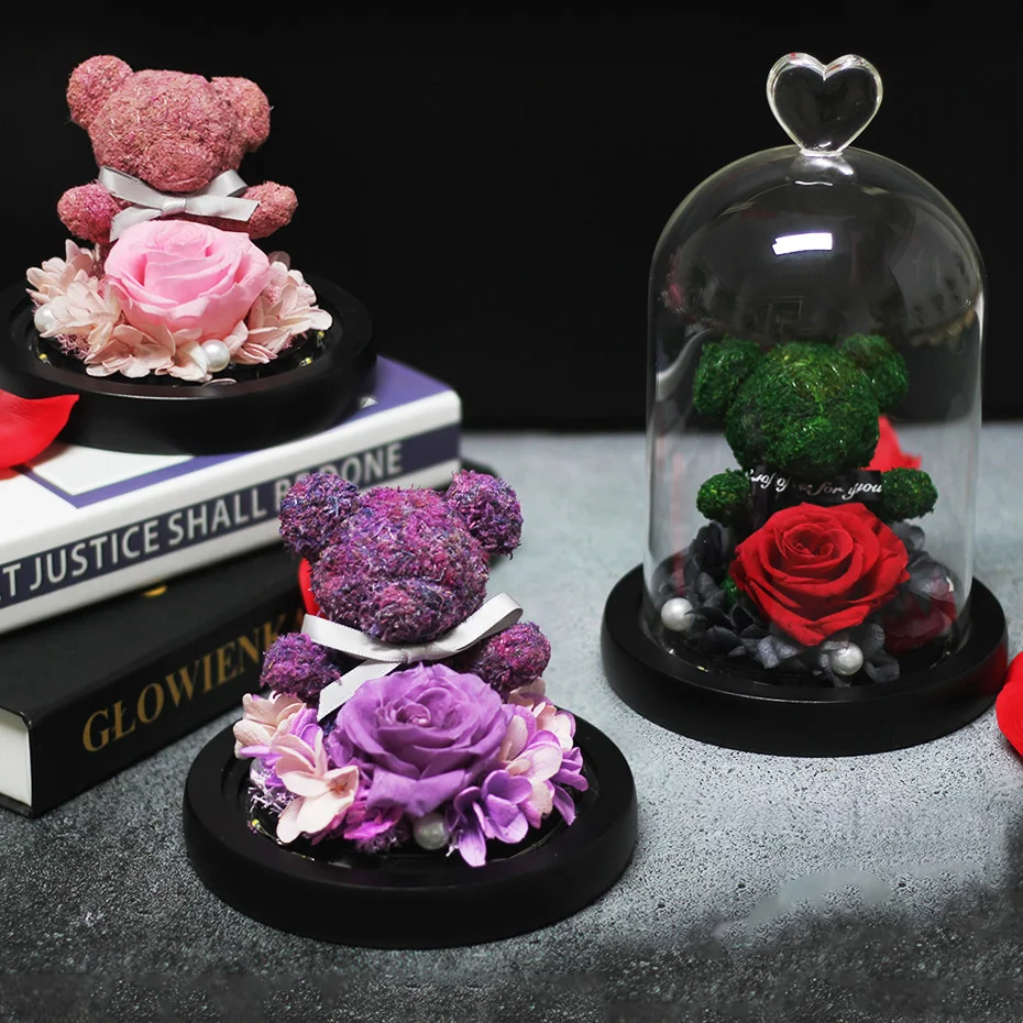 Večno Konzervirane Sveže Rose Lep medvedek Modeliranje LED Lučka V Bučko Nesmrtni Rose Valentinovo, materinski Dan, Darila