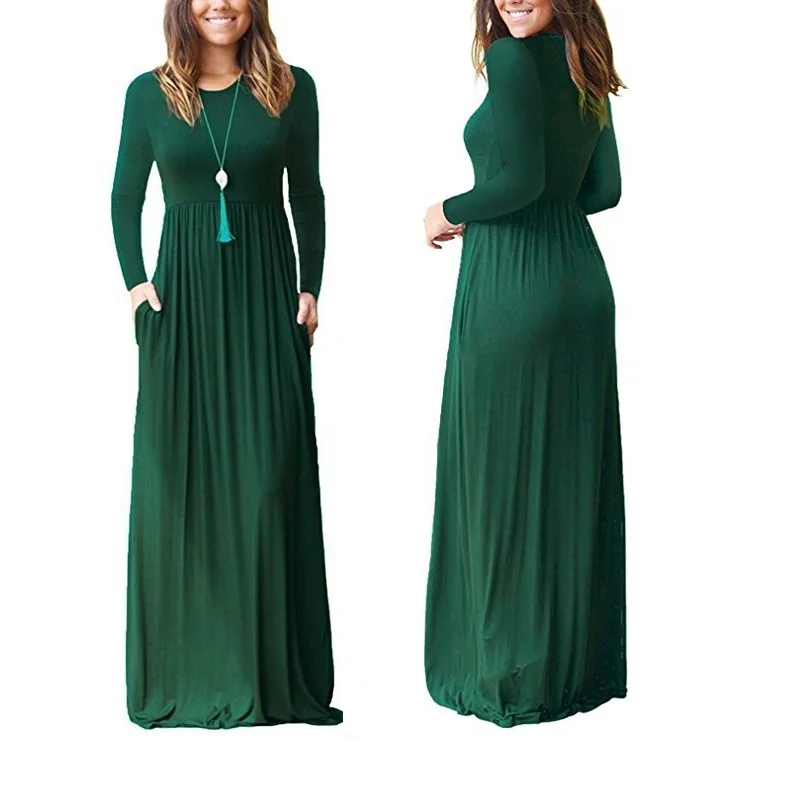 Vijolična zelena, črna, rdeča burgundija padec 2019 ženske obleke 2xl haljo de taille femme Priložnostne dolg rokav dvojni žep obleko maxi