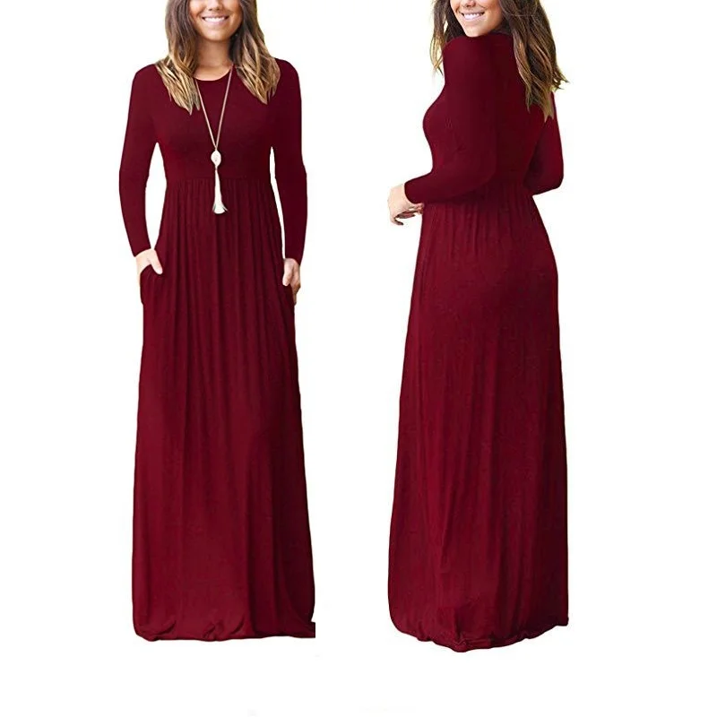 Vijolična zelena, črna, rdeča burgundija padec 2019 ženske obleke 2xl haljo de taille femme Priložnostne dolg rokav dvojni žep obleko maxi
