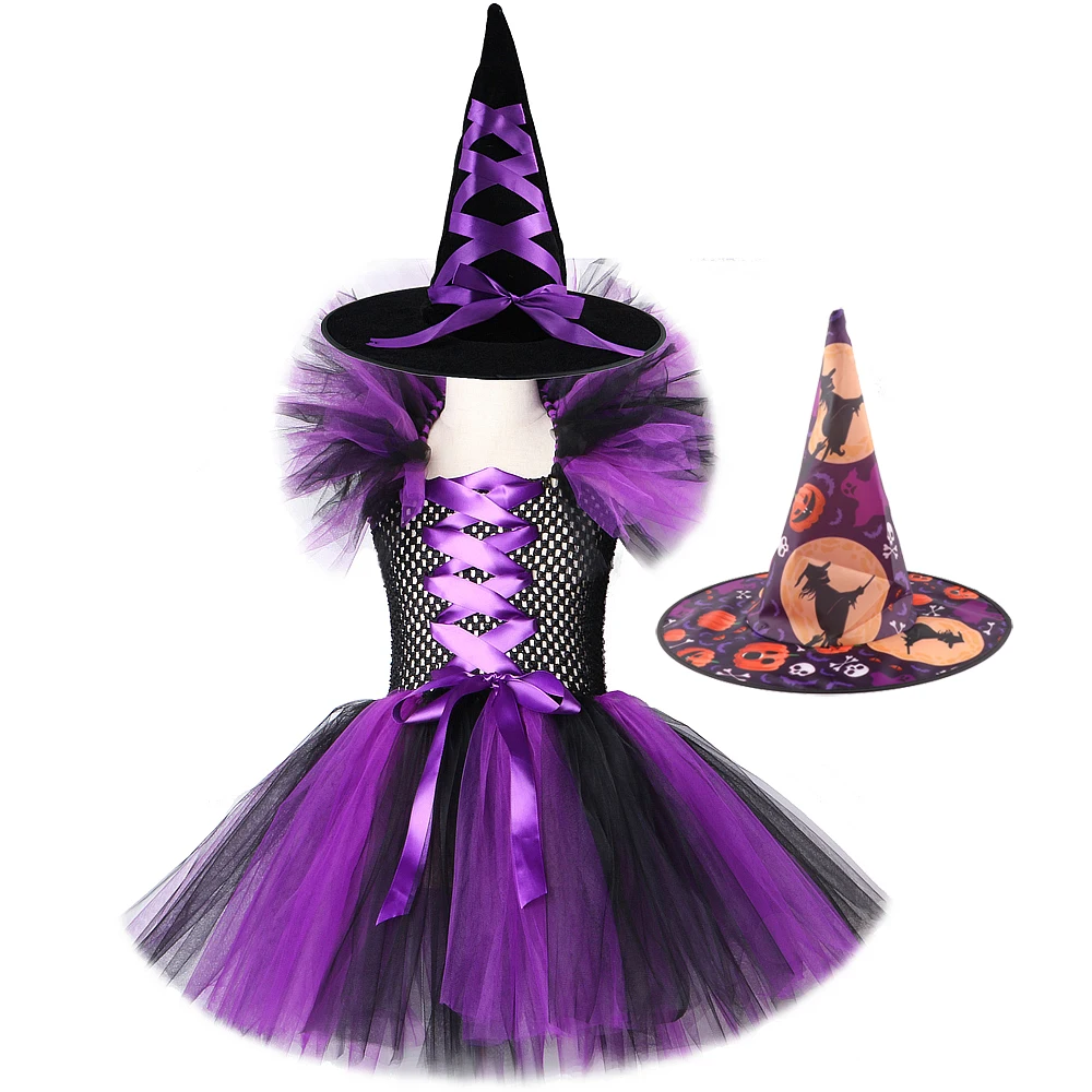 Vijolična Črna Čarovnica Obleko Dekleta Halloween Počitnice Kostume Otroci Karneval Tutu Kolena Obleke za Otroke, Cosplay Stranka