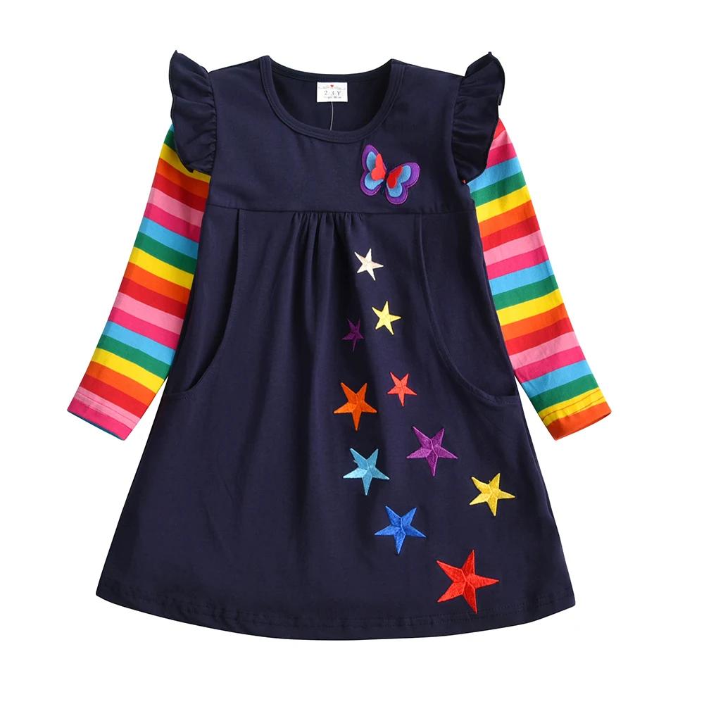 VIKITA Deklice Dolg Rokav Obleke Otrok Jeseni Oblačila za Otroke, Dekleta Bombaž Obleko Toddlers Črtaste Obleke Baby Girl Obleke