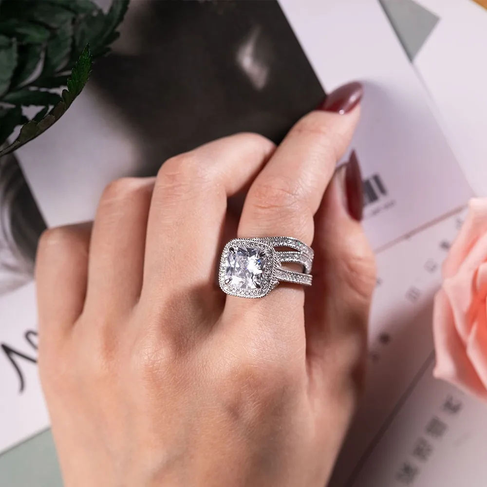 Vintage 925 Sterling silver obroči za Ženske Luksuzni Simulirani Diamant udejstvovanje Obroči set 3 v poročni nakit prst