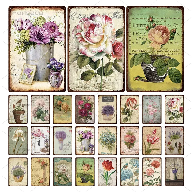 Vintage Cvetje Tin Prijavite Sivke Tulipanov Rose Kovinske Plošče, Retro Wall Art za Objave Vrt, Kuhinja Domu Dekorativni Železa Slikarstvo