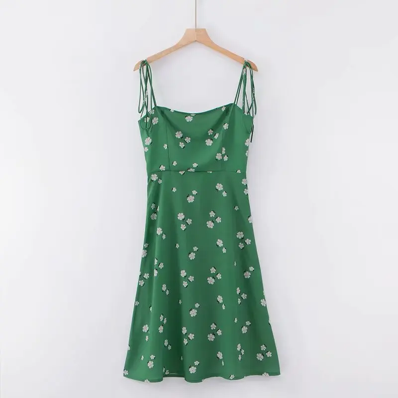 Vintage cvetlični polka dot modro zeleno elegantno špageti trak obleko modro poletje obleko midi seksi obleko camis sundress vesitdos 2019