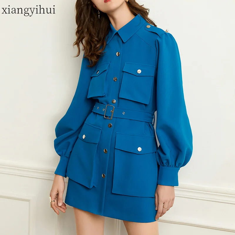 Vintage Luč Rokav Zavoj Navzdol Ovratnik Za Tovor, Royal Modra Obleka Ženske Priložnostne Linijo Modnih Dolg Rokav Pocket Pasu Obleke 2020