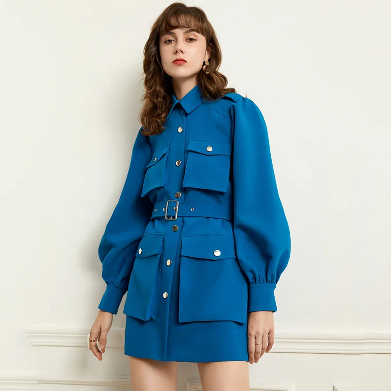 Vintage Luč Rokav Zavoj Navzdol Ovratnik Za Tovor, Royal Modra Obleka Ženske Priložnostne Linijo Modnih Dolg Rokav Pocket Pasu Obleke 2020