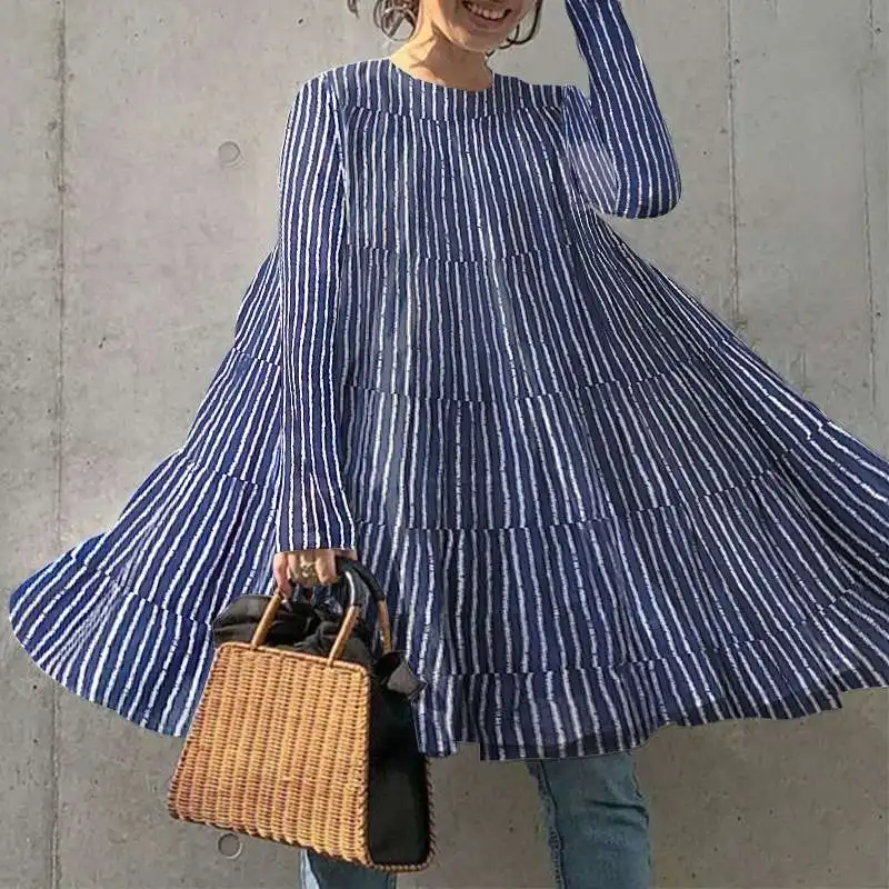Vintage Mini Obleke, Ženske Stranka, Ohlapno Obleko VONDA 2021 Ženske Prugasta Sundress Priložnostne Jeseni Ženski Nabrano Obleko Vestidos Robe