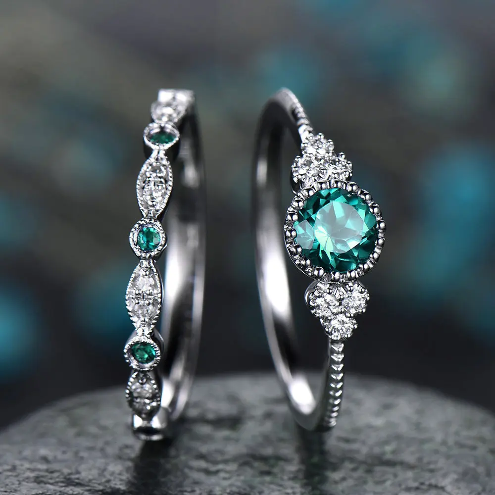 Vintage modro zeleno barvo halo 925 sterling silver ring set za ženske lady obletnice, darila nakit večino prodajajo R5721