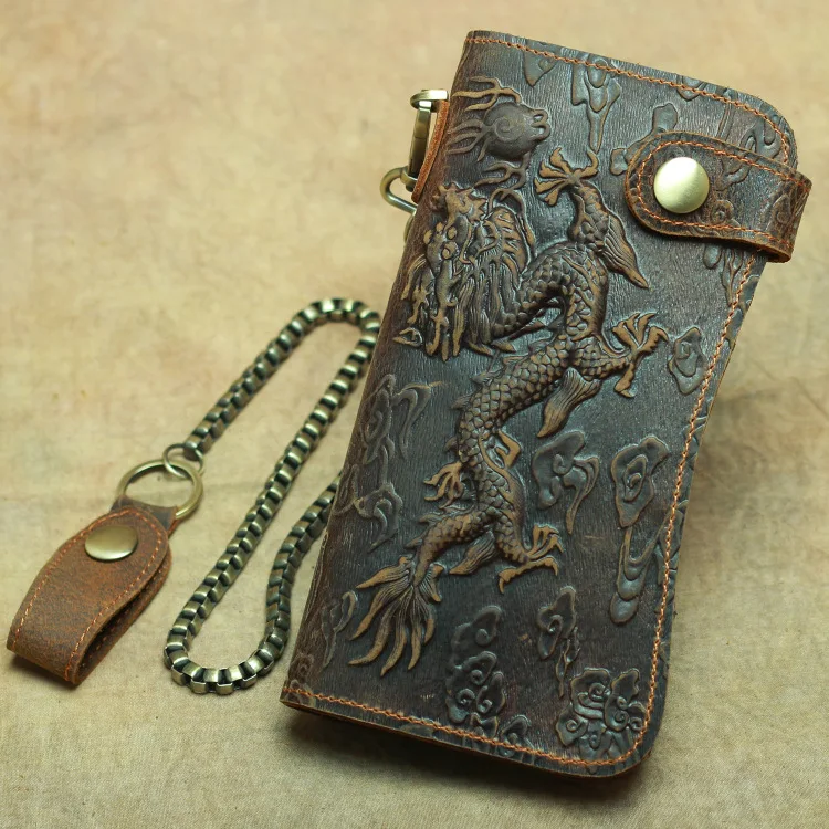 Vintage moške zmaj vzorec sklopka vrečko usnje dolgo anti-krajo denarnice nori konj usnja moške vrečko key ring moške denarnice