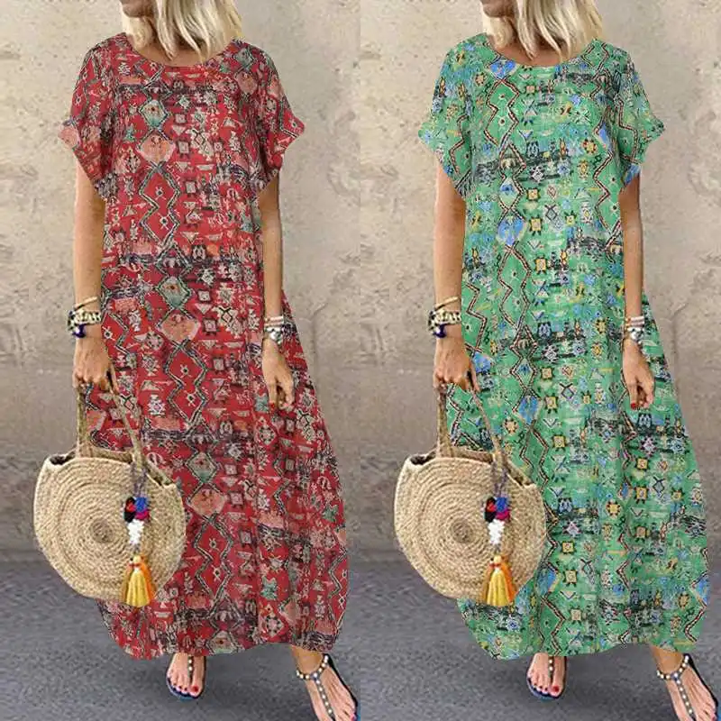 Vintage Natisnjeni Maxi Obleka Ženske Sundress ZANZEA 2021 Priložnostne O Vratu Kratek Rokav Tunika Vestidos Plus Velikost Cvetlični Stranka Robe