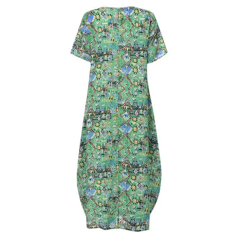 Vintage Natisnjeni Maxi Obleka Ženske Sundress ZANZEA 2021 Priložnostne O Vratu Kratek Rokav Tunika Vestidos Plus Velikost Cvetlični Stranka Robe