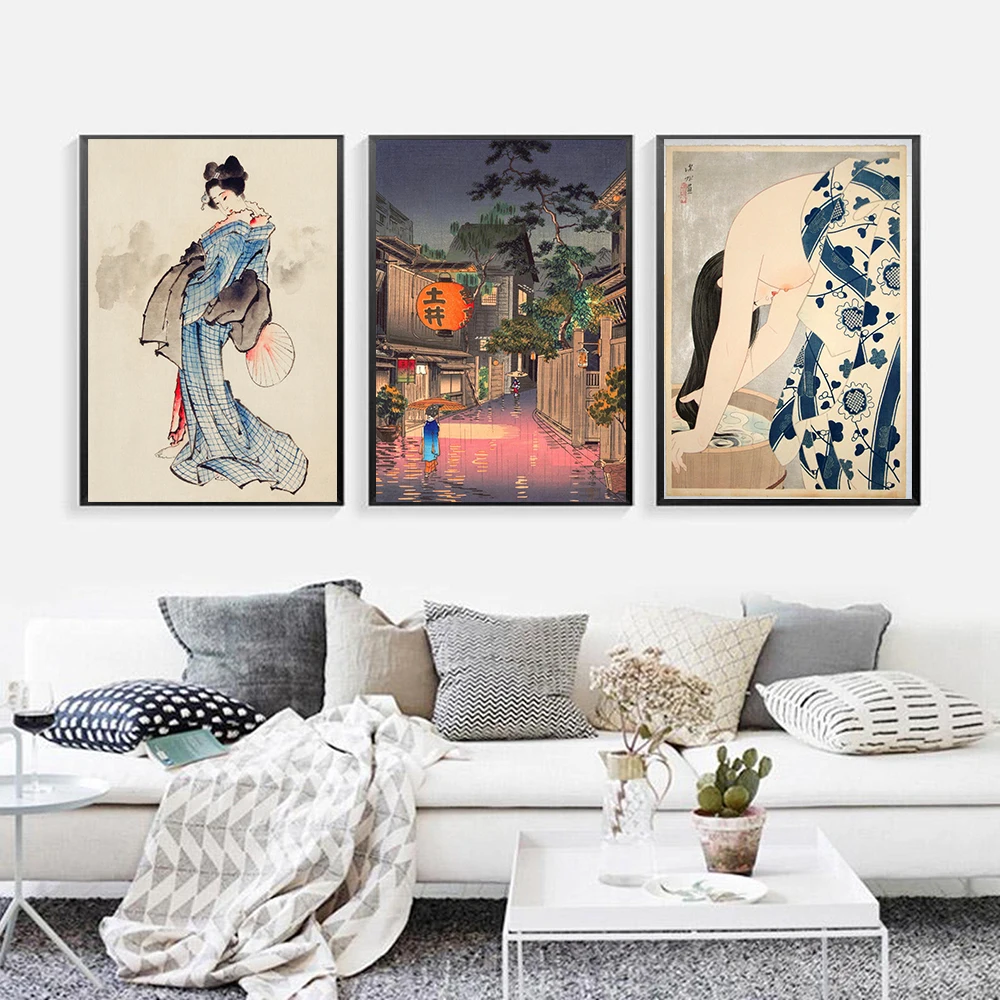 Vintage Orientalske Umetnosti Tiska Barvanje Slike Wall Art Gejša Japonski Tsuchiya Koitsu Modularni Nordijska Platna, Plakati, Doma Dekor