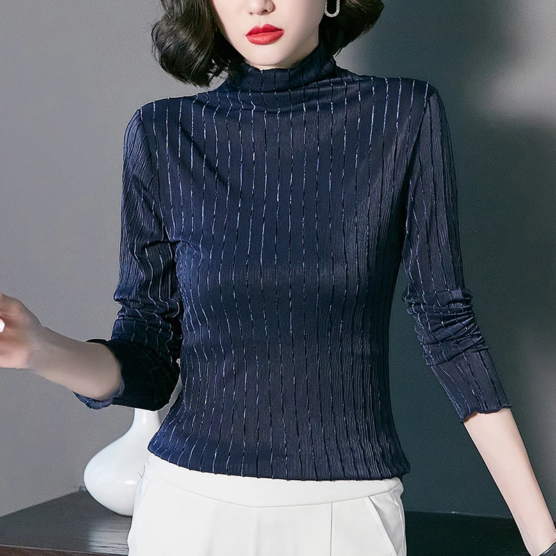 Vintage Prugasta Bluzo Ženske Majice Dolg Rokav Turtleneck Elegantne Ženske Bluze Korejski Plus Velikost Rokavi Ženske Vrhovi Blusas Mujer